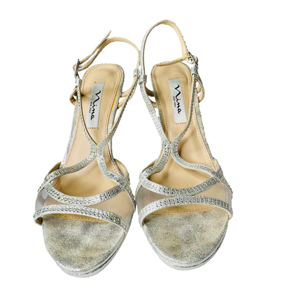 Nina Silver Lame Rhinestone Strappy Heeled Shoes Size 7